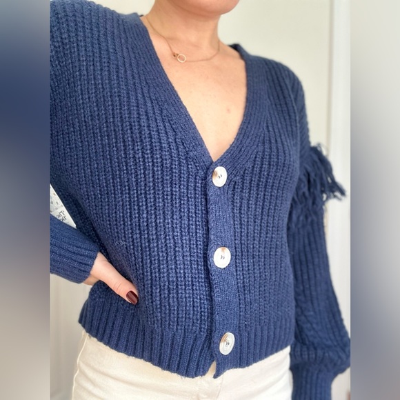 Fringe Trim Heavy Knit V-neck Cardigan - Picture 5 of 9